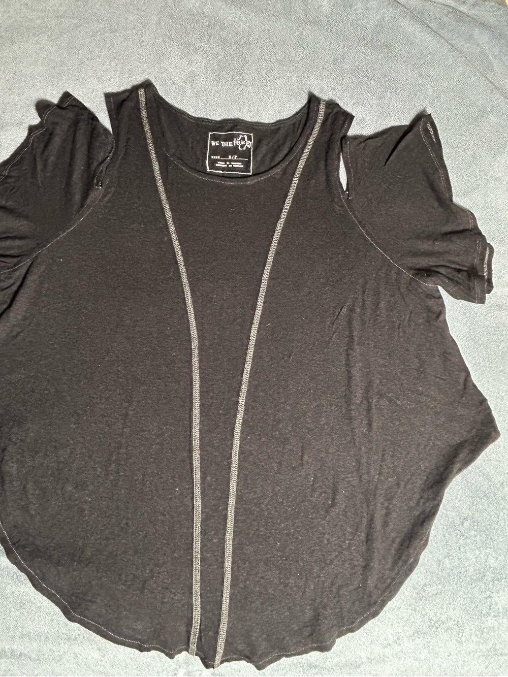 We The Free Black Cold-Shoulder Crewneck Top with Contrast Stitching